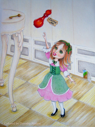 Coloring Page, Alice in Wonderland, Alice shrinks. Drink Me! - The Art of Julia Spiri