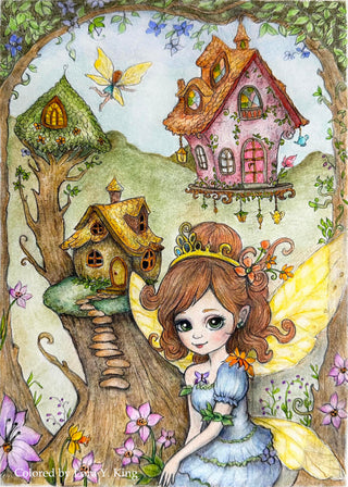 Grayscale Coloring Page, Fairies and Houses. Fairy World