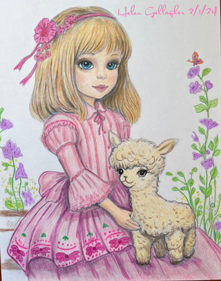 Grayscale Coloring Page. Jenny and her Little Alpaca