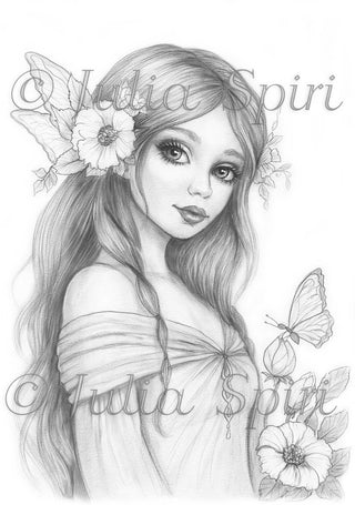 Grayscale Coloring Page, Fantasy Girl. A Fairy's Grace
