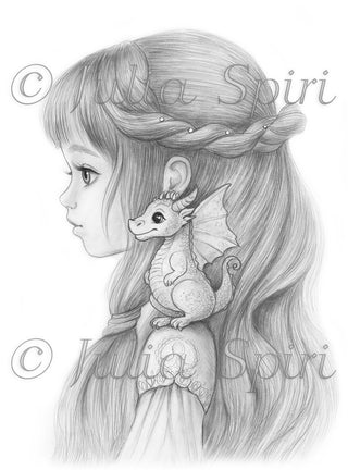 Grayscale Coloring Page. A Petite Princess Kaira and her Lovable Dragon Sidekick