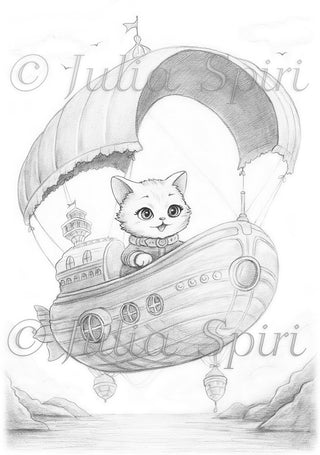 Grayscale Coloring Page. Cat and Airship Chronicles