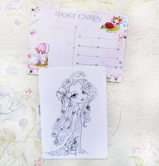Postcard for Coloring. Whimsical Creatures. Forest Dwellers. Flower Girl