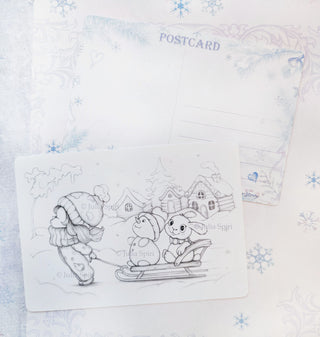 Postcard for Coloring. Winter Story. Sledding is Fun