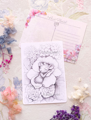 Postcard for Coloring. Hydrangea Dreams. A Hydrangea Bed for the Sleeping Sweet Mouse