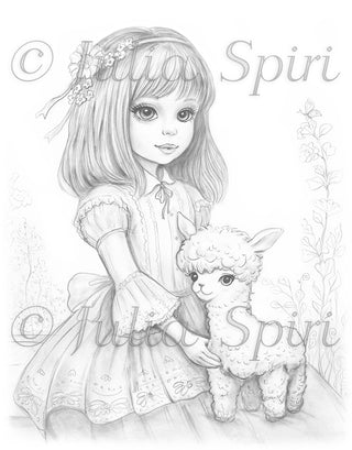 Grayscale Coloring Page. Jenny and her Little Alpaca