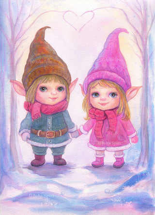 Grayscale Coloring Page. Little Gnomes in Winter