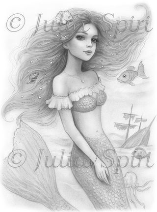 Grayscale Coloring Page, Fantasy Mermaid. Nerine Mermaid