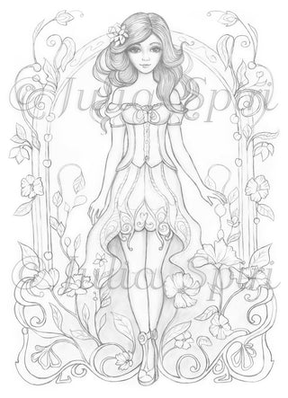 Grayscale Coloring Page, Whimsy, Fantasy Girl with Nouveau style frame. Nouveau Chic
