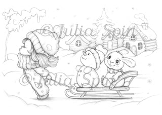 Coloring Page, Girl with Sled in Snow Winter. Sledding is fun - The Art of Julia Spiri