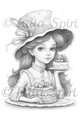 Grayscale Coloring Page, Whimsy Girl with Cakes. Sweet Temptation