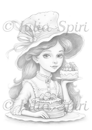 Grayscale Coloring Page, Whimsy Girl with Cakes. Sweet Temptation