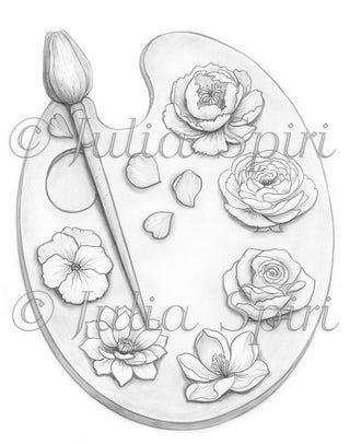 Grayscale Coloring Page, Whimsy Flowers in Palette. The Flower Palette