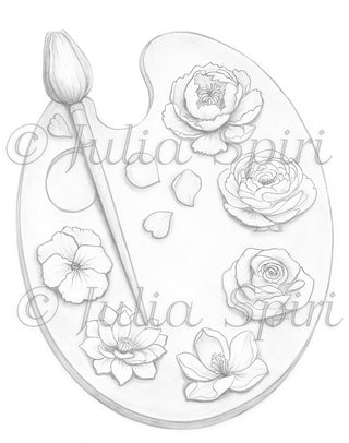 Grayscale Coloring Page, Whimsy Flowers in Palette. The Flower Palette