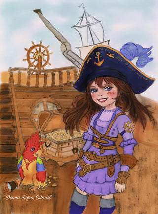 Grayscale Coloring Page, Pirate Girl. Cleo
