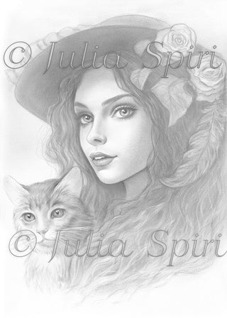 Grayscale Coloring Page, Fantasy Portrait of Girl with Flowers. Gabriela and Cat