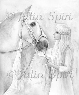 Grayscale Coloring Page, Romantic Girl. Grace and horse - The Art of Julia Spiri