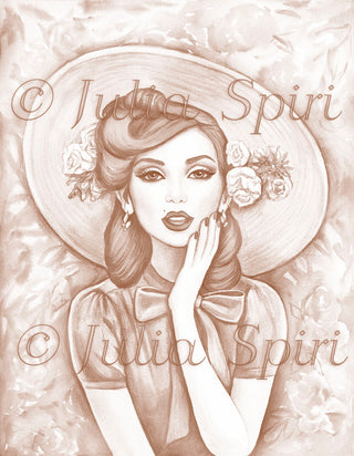 Grayscale Coloring Page, Vintage Girl with Hat. Madeline - The Art of Julia Spiri
