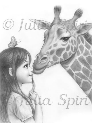 Grayscale Coloring Page. Polly and giraffe