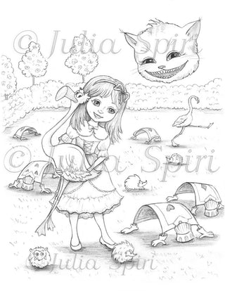 Coloring Page, Alice in Wonderland, Cheshire Cat, Carts, Flamingo. The Queen’s Croquet-Ground - The Art of Julia Spiri