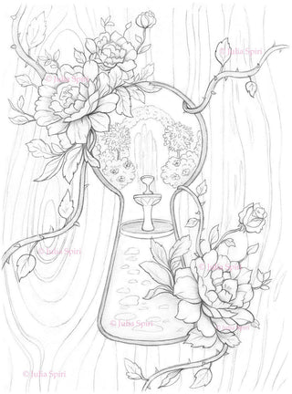 Coloring Page, Alice in Wonderland, Keyhole and Roses. Garden door - The Art of Julia Spiri