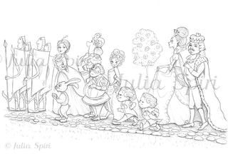 Coloring Page, Alice in Wonderland. The grand procession of The King and Queen of Hearts - The Art of Julia Spiri