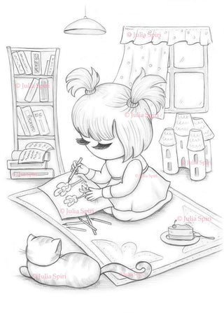 Coloring Page, Baby Girl Painting with Cat in Home. Quarantine time - The Art of Julia Spiri