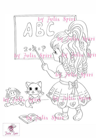 Coloring Page, Back to school. Emily - little teacher - The Art of Julia Spiri
