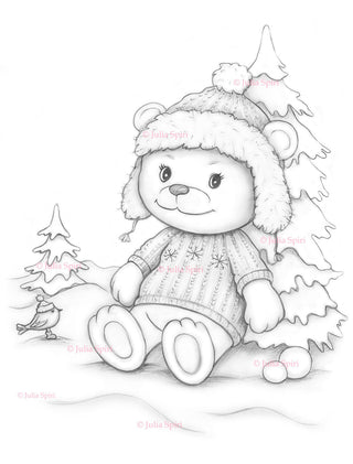 Coloring Page, Cute Bear in Snow Winter. Teddy Wally - The Art of Julia Spiri