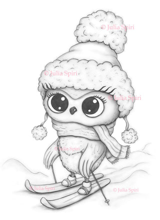 Coloring Page, Cute Bird Skiing in Snow Winter. Owl Ollie - The Art of Julia Spiri