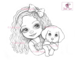 Coloring Page, Cute Girl with Dog. Leslie and Puppy - The Art of Julia Spiri