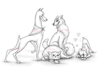 Coloring Page, Dogs and Cat, Pets, German shepherd, Animals, Whimsy, Line art. Our fur friends - The Art of Julia Spiri