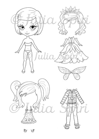 Coloring Page, Dresses, Clothes for Cut, Crafting. Paper Doll Samantha - The Art of Julia Spiri