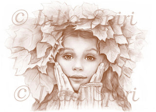 Coloring Page, Girl, Realistic Portrait, Leaves, Grayscale. Autumn - The Art of Julia Spiri
