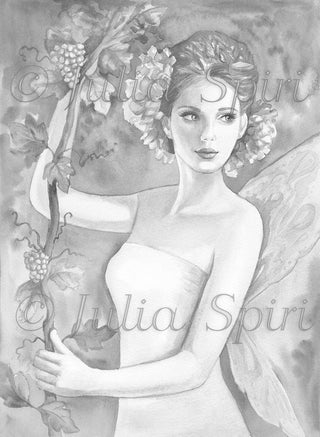Coloring Page, Girl shape, Fairy, Grape, Whimsy, Crafting, Grayscale, Line art. Alexia - The Art of Julia Spiri