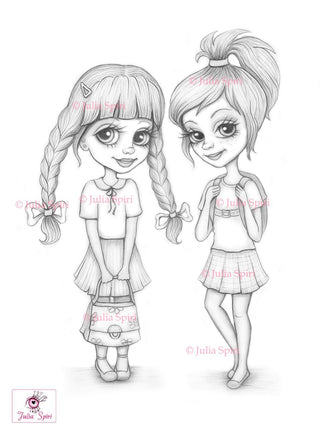 Coloring Page, Girls Back to School. School friends - The Art of Julia Spiri