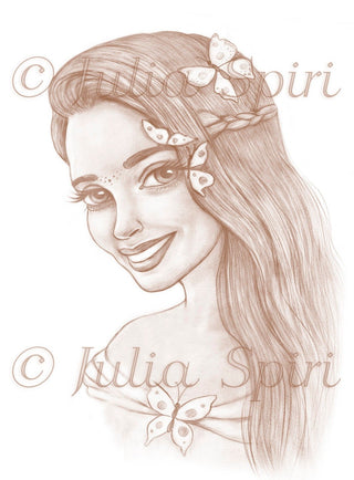 Grayscale Coloring Page, Fantasy Girl Portrait with Butterflies. Caroline - The Art of Julia Spiri