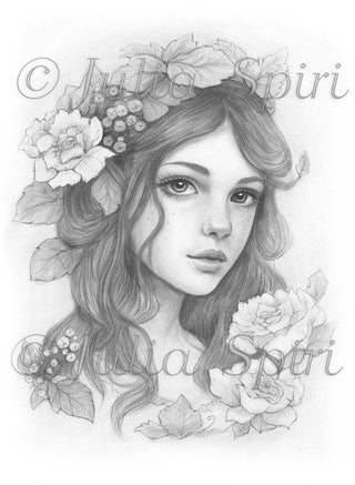 Grayscale Coloring Page, Fantasy Portrait of Girl with Flowers. Adeline - The Art of Julia Spiri