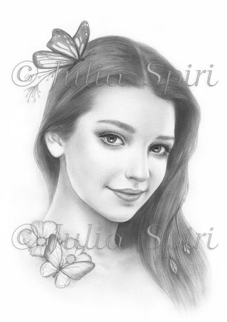 Grayscale Coloring Page, Realistic Girl Portrait. Amelia - The Art of Julia Spiri