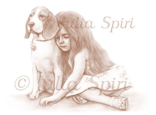 Grayscale Coloring Page, Realistic Portrait of Little Girl with Dog. Furry Friend - The Art of Julia Spiri