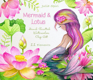 Mermaid & Lotus Watercolor Clipart, Siren, Wedding Flowers Invitation, Planner, Pink, Floral, Green, Buds, Leaf, Greeting card, Diy Romantic - The Art of Julia Spiri