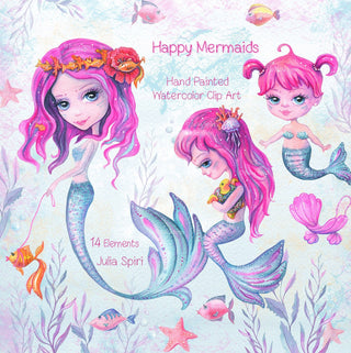 Mermaid Watercolor Clipart, Siren, Sea, Starfish, Underwater, Fish, Pink, Seaweed, Planner Sticker, Family, Baby, Diy Pack. Happy Mermaids - The Art of Julia Spiri