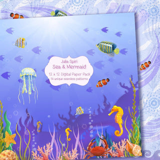 Sea & Mermaid Paper Pack, Watercolor Seamless Patterns, Siren, Seahorse, Fish, Underwater, Nautical, Crab, Jellyfish, Starfish Planner diy. - The Art of Julia Spiri