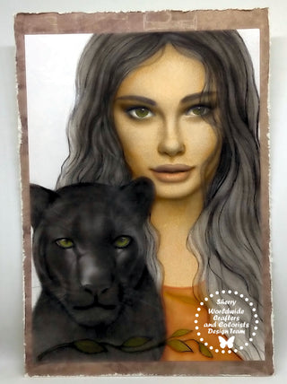 Grayscale Coloring Page, Beautiful Women with Panther. Mei and Panther