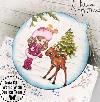 Coloring Page, Cute Girl and Deer in Snow Winter. Lesly and fawn