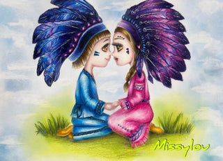 Coloring Page, Girl & Boy, American Indians, Kiss. Love is
