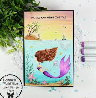 Coloring Page, Mermaid in Sea and Men on the Beach. Two Worlds