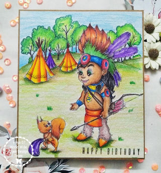 Coloring Page, Whimsy Boy in Wigwam. Indian and Squirrel