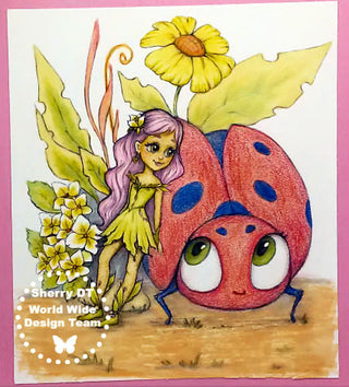 Página para colorear, linda chica con Ladybug y flores. pulgarcita