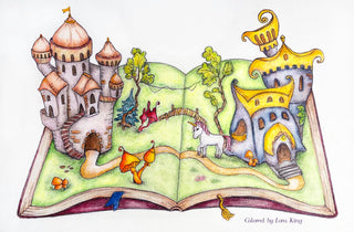 Página para colorear, castillo, unicornio, manguera de fantasía. libro magico